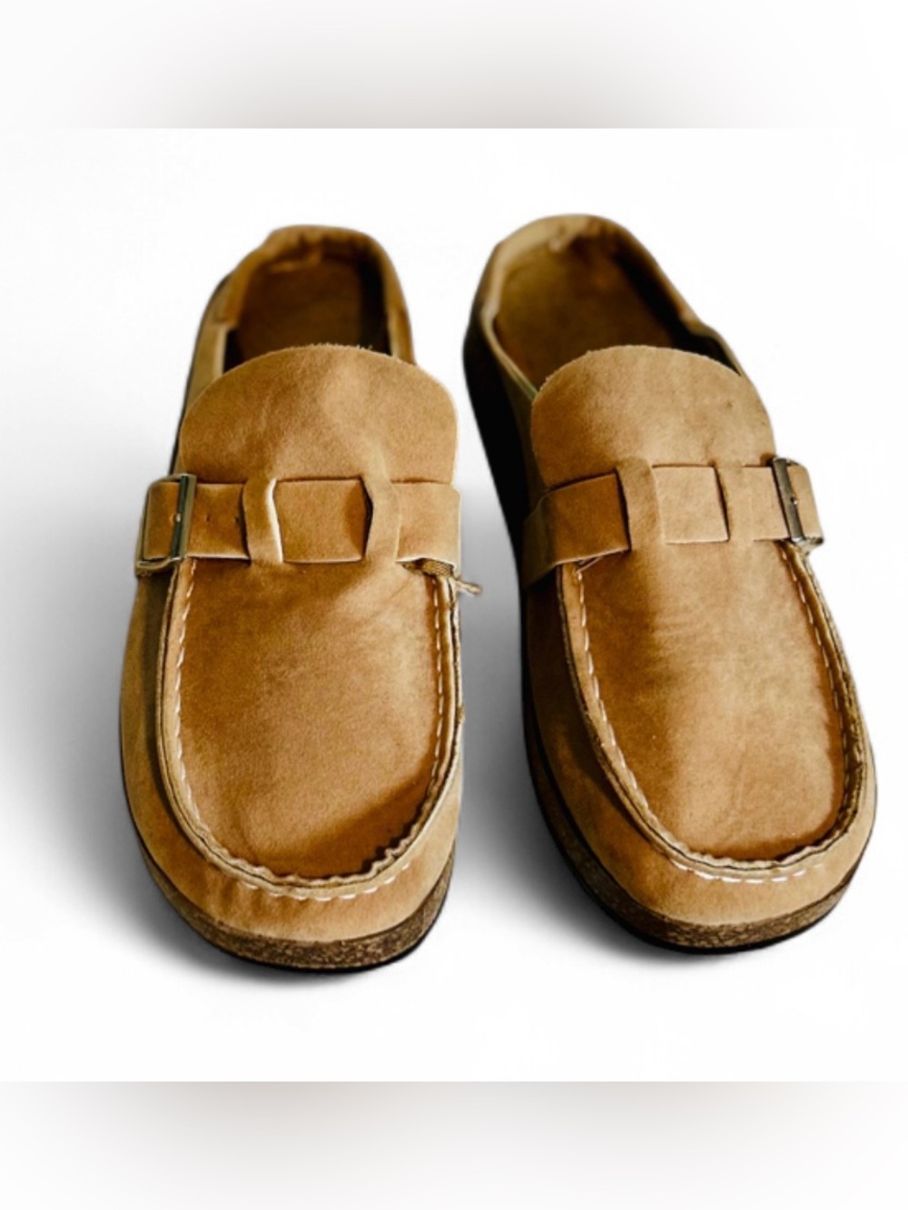 Slip On Mule Loafer Shoes Size 9.5 Cork Buckle Detail Suede Sandal Tan Unbranded